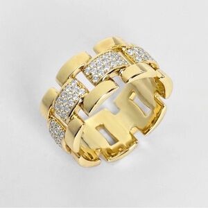 14K Gold Plated Link Ring with Pavé Cubic Zirconia Stones | Luxury Chain Design